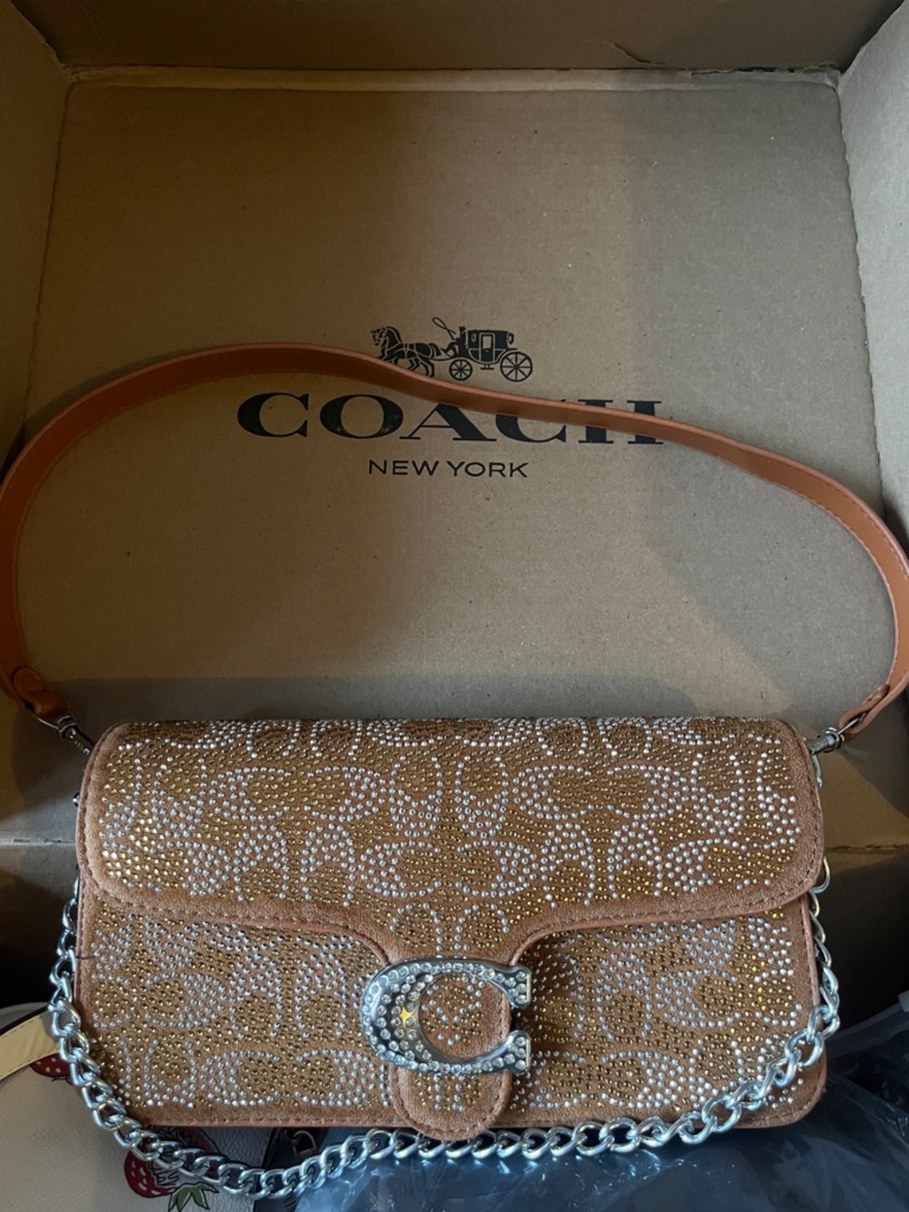 Coach Crystal-Accented Tan Signature Shoulder Bag